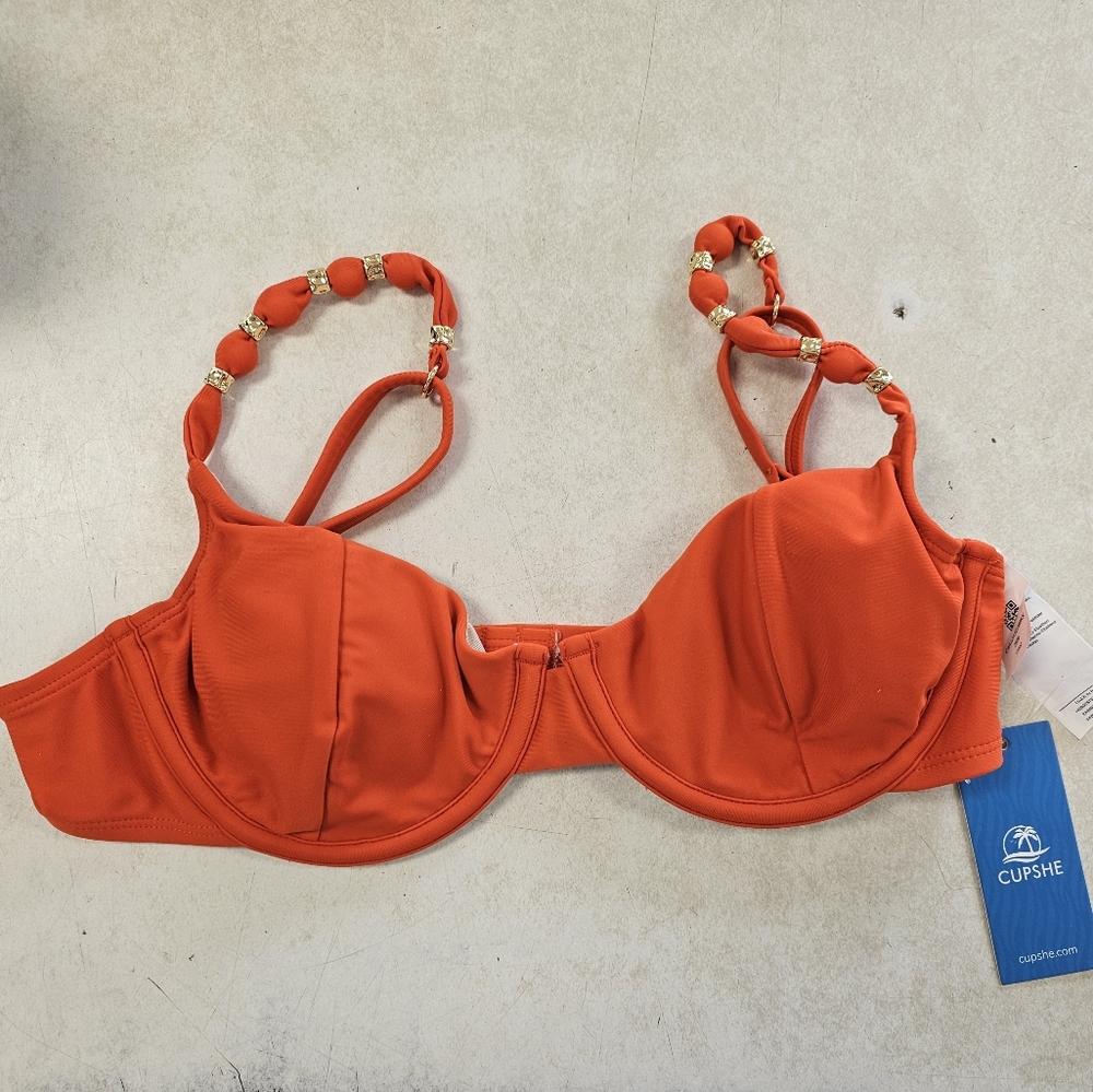 Cupshe Orange Underwire Bikini Top with Gold Bead Straps